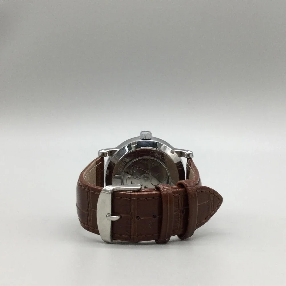 Winner Mens Watch 44mm Silver Tone 24 Hour Automatic Date Brown Leather TM142